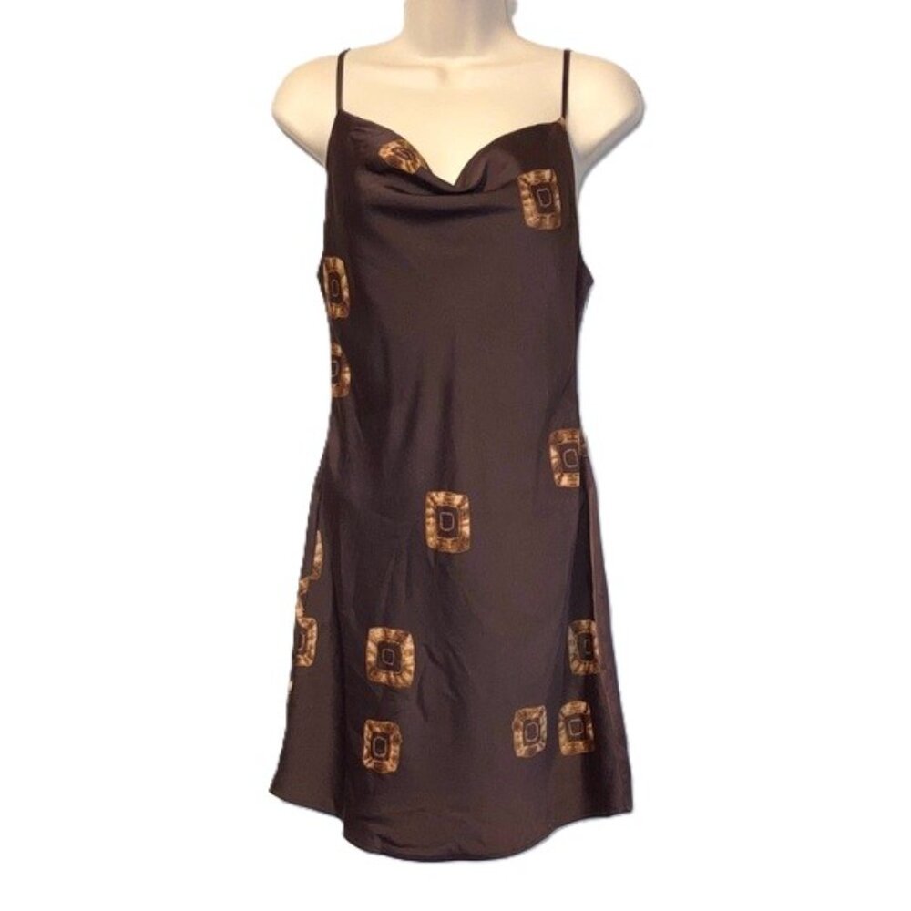 URBAN OUTFITTERS Mallory Cowl Neck Slip Mini Dress Chocolate Brown and Tan Small